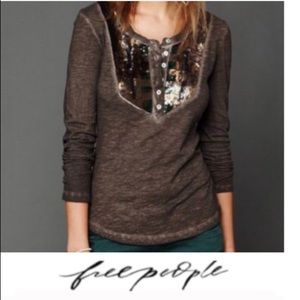 Free People Brown Sequin Burnout Henley